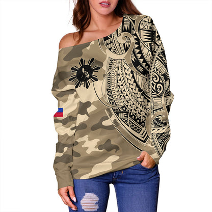 Philippines Filipinos Off Shoulder Sweatshirt Tribal Tattoo With Camouflage Pattern