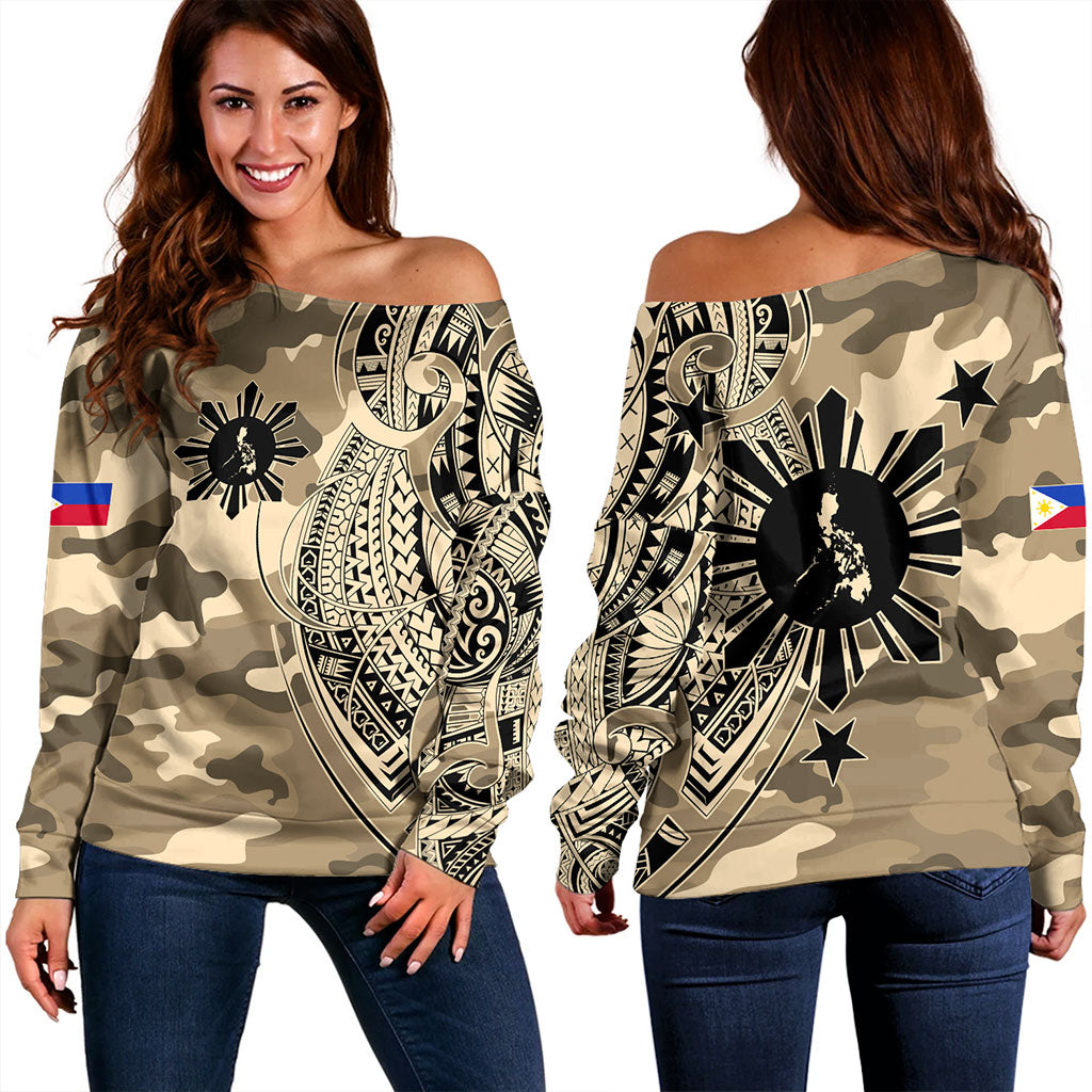 Philippines Filipinos Off Shoulder Sweatshirt Tribal Tattoo With Camouflage Pattern