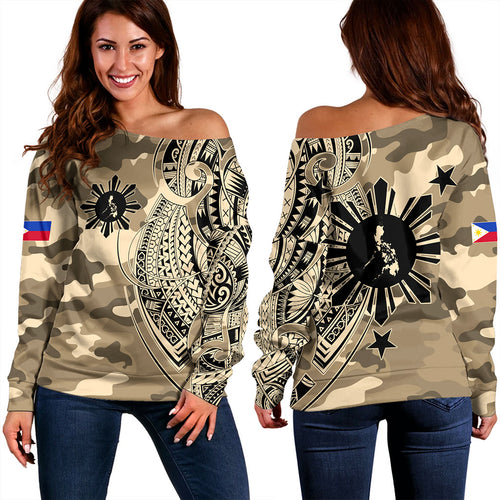 Philippines Filipinos Off Shoulder Sweatshirt Tribal Tattoo With Camouflage Pattern