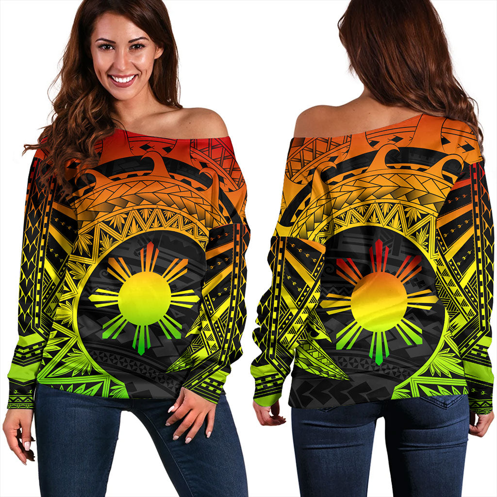 Philippines Filipinos Off Shoulder Sweatshirt Sun Tribal Polynesia Reggae