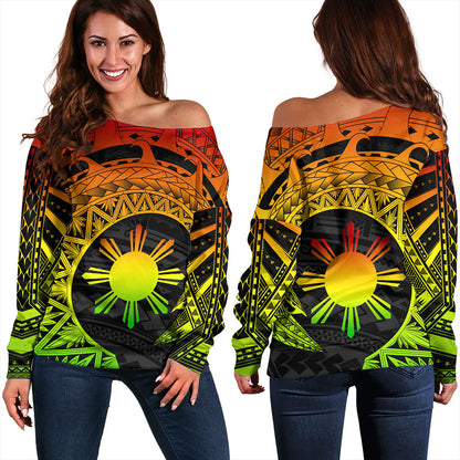 Philippines Filipinos Off Shoulder Sweatshirt Sun Tribal Polynesia Reggae