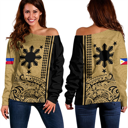 Philippines Filipinos Off Shoulder Sweatshirt Sun Star Tribal Polynesia Style