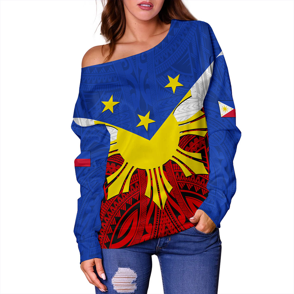 Philippines Filipinos Off Shoulder Sweatshirt Tribal Flag Traditional Style