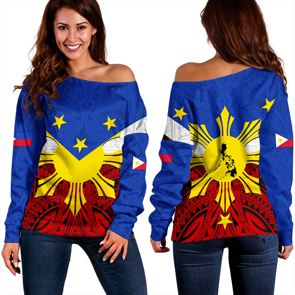 Philippines Filipinos Off Shoulder Sweatshirt Tribal Flag Traditional Style