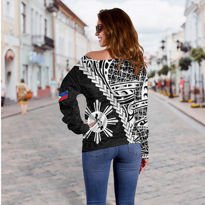 Philippines Filipinos Off Shoulder Sweatshirt Lauhala Tribal Coat Of Arms