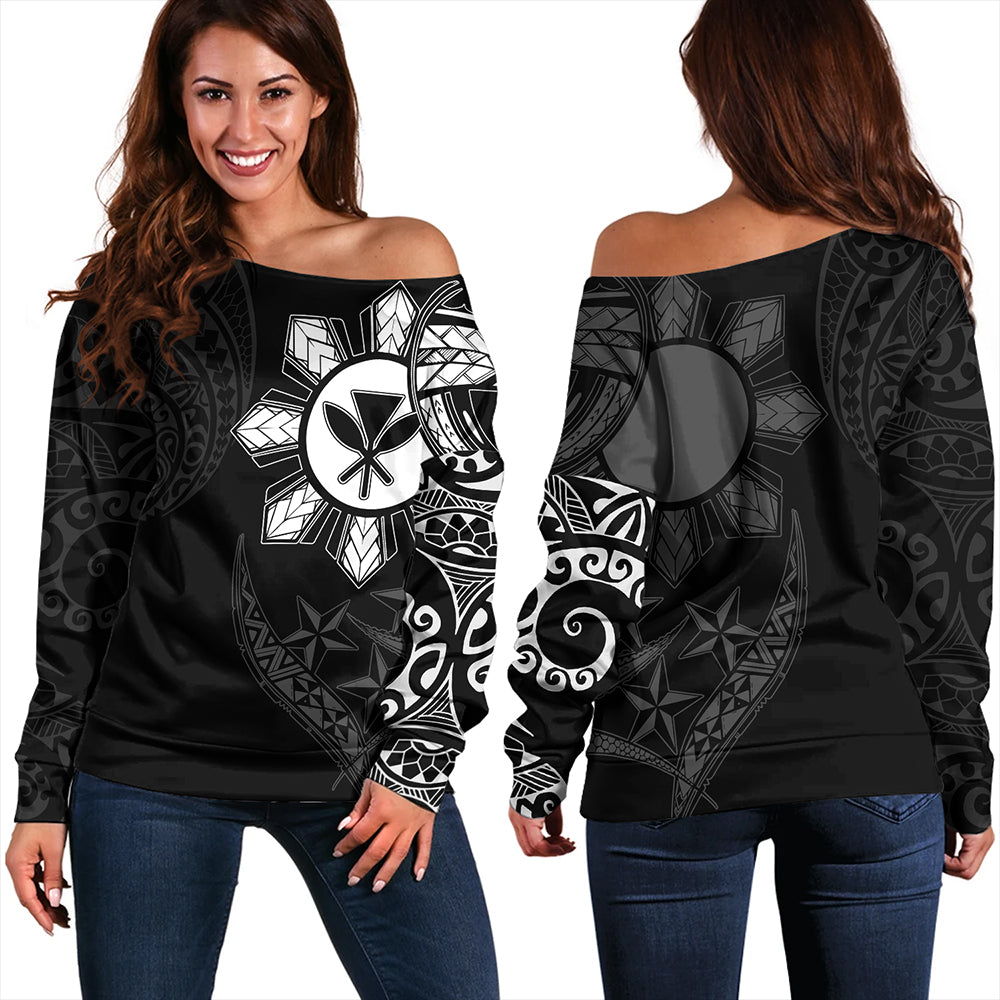 Philippines Off Shoulder Sweatshirt With Kanaka Tribal Sun In My Heart