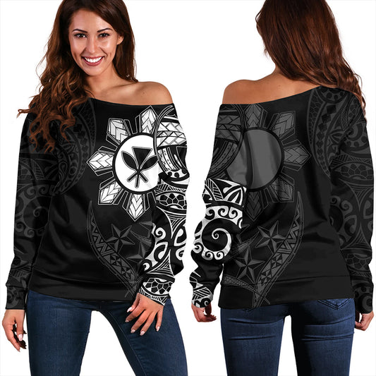 Philippines Off Shoulder Sweatshirt With Kanaka Tribal Sun In My Heart