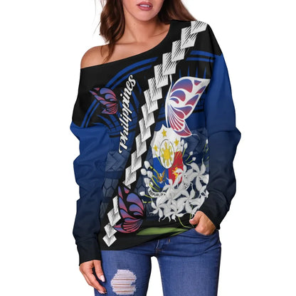 Philippines Women Off Shoulder Sweater - Butterfly Sampaguita Flower