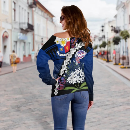Philippines Women Off Shoulder Sweater - Butterfly Sampaguita Flower