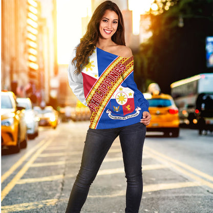 Philippines Filipinos Off Shoulder Sweatshirt Flag And Coat Of Arms