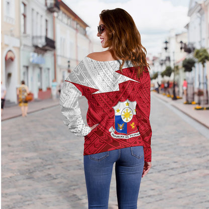 Philippines Filipinos Off Shoulder Sweatshirt Polynesian Tattoo Flag And Coat Of Arms