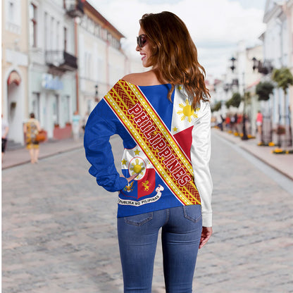 Philippines Filipinos Off Shoulder Sweatshirt Flag And Coat Of Arms