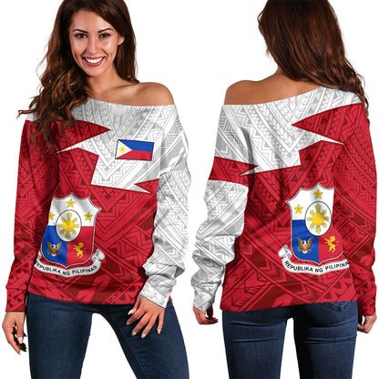 Philippines Filipinos Off Shoulder Sweatshirt Polynesian Tattoo Flag And Coat Of Arms
