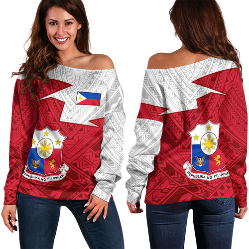 Philippines Filipinos Off Shoulder Sweatshirt Polynesian Tattoo Flag And Coat Of Arms