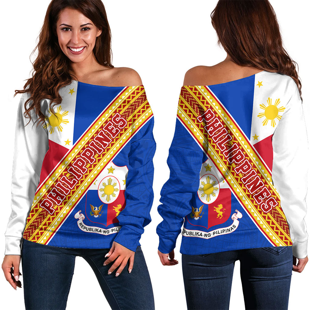Philippines Filipinos Off Shoulder Sweatshirt Flag And Coat Of Arms