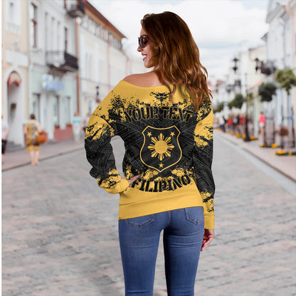 Philippines Filipinos Off Shoulder Sweatshirt Custom Grunge Texture Tribal Pattern