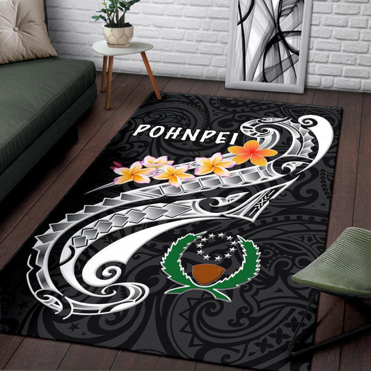 Pohnpei Area Rug - Pohnpei Seal Polynesian Patterns Plumeria (Black)