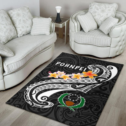 Pohnpei Area Rug - Pohnpei Seal Polynesian Patterns Plumeria (Black)
