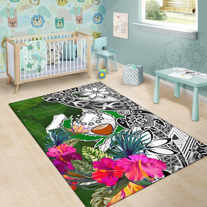 Pohnpei Area Rug White - Turtle Plumeria Banana Leaf