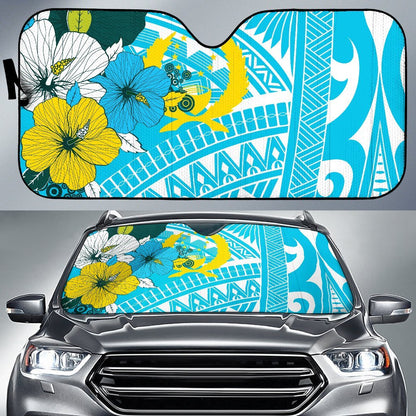 Pohnpei Auto Sun Shades - Polynesian Pattern Aquamarine Stone Color