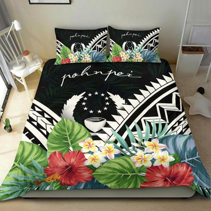 Pohnpei Bedding Set - Pohnpei Coat Of Arms & Polynesian Tropical Flowers White