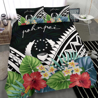 Pohnpei Bedding Set - Pohnpei Coat Of Arms & Polynesian Tropical Flowers White