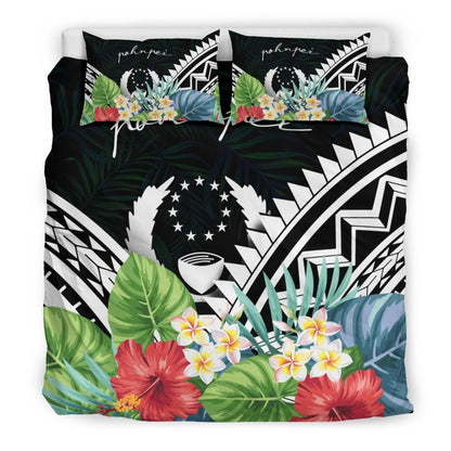 Pohnpei Bedding Set - Pohnpei Coat Of Arms & Polynesian Tropical Flowers White
