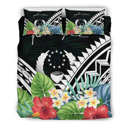 Pohnpei Bedding Set - Pohnpei Coat Of Arms & Polynesian Tropical Flowers White