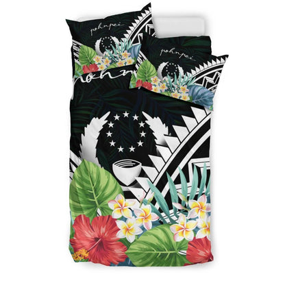 Pohnpei Bedding Set - Pohnpei Coat Of Arms & Polynesian Tropical Flowers White