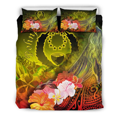 Pohnpei Bedding Set - Humpback Whale With Tropical Flowers (Yellow)