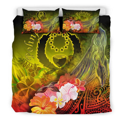 Pohnpei Bedding Set - Humpback Whale With Tropical Flowers (Yellow)