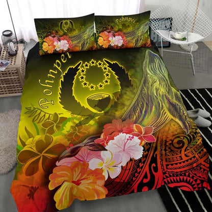 Pohnpei Bedding Set - Humpback Whale With Tropical Flowers (Yellow)