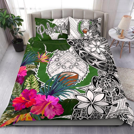 Pohnpei Bedding Set White - Turtle Plumeria Banana Leaf