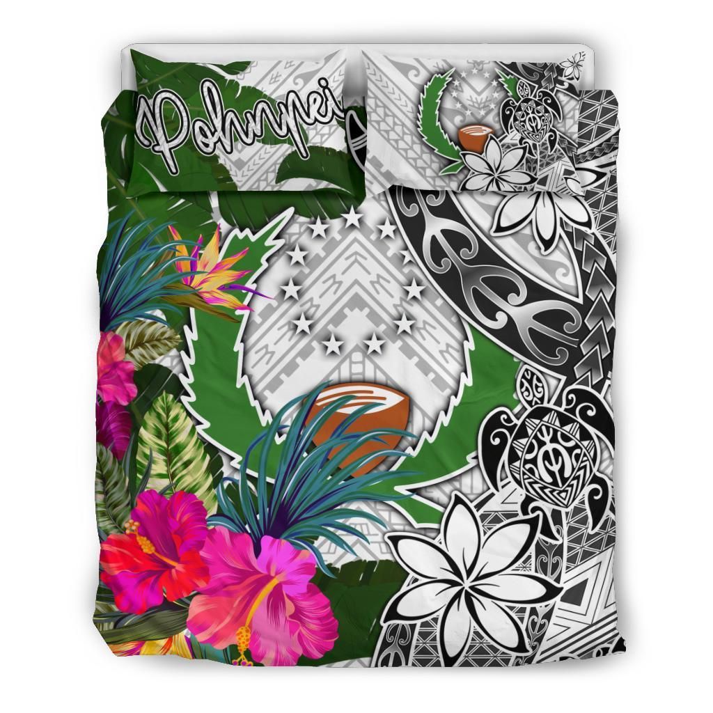 Pohnpei Bedding Set White - Turtle Plumeria Banana Leaf