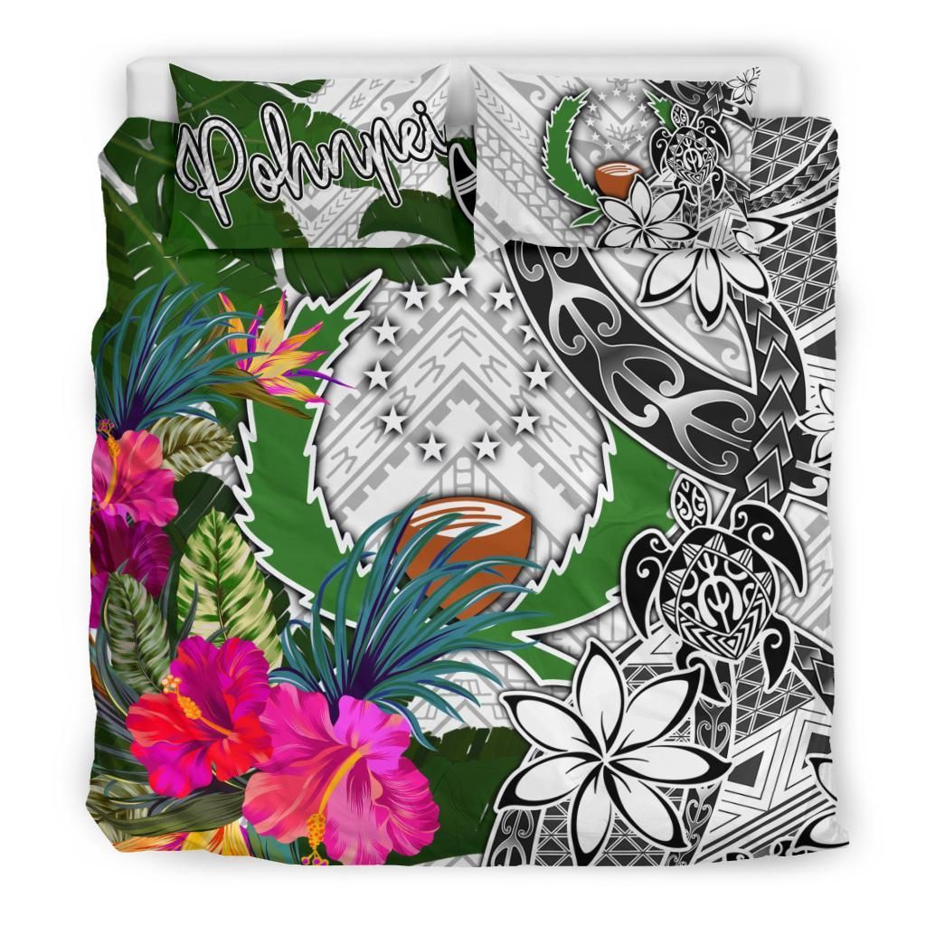 Pohnpei Bedding Set White - Turtle Plumeria Banana Leaf