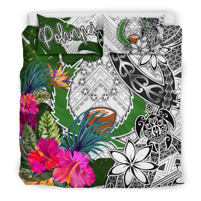 Pohnpei Bedding Set White - Turtle Plumeria Banana Leaf