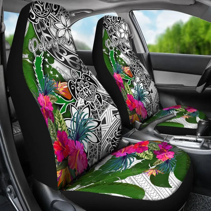Pohnpei Car Seat Covers White - Turtle Plumeria Banana Leaf