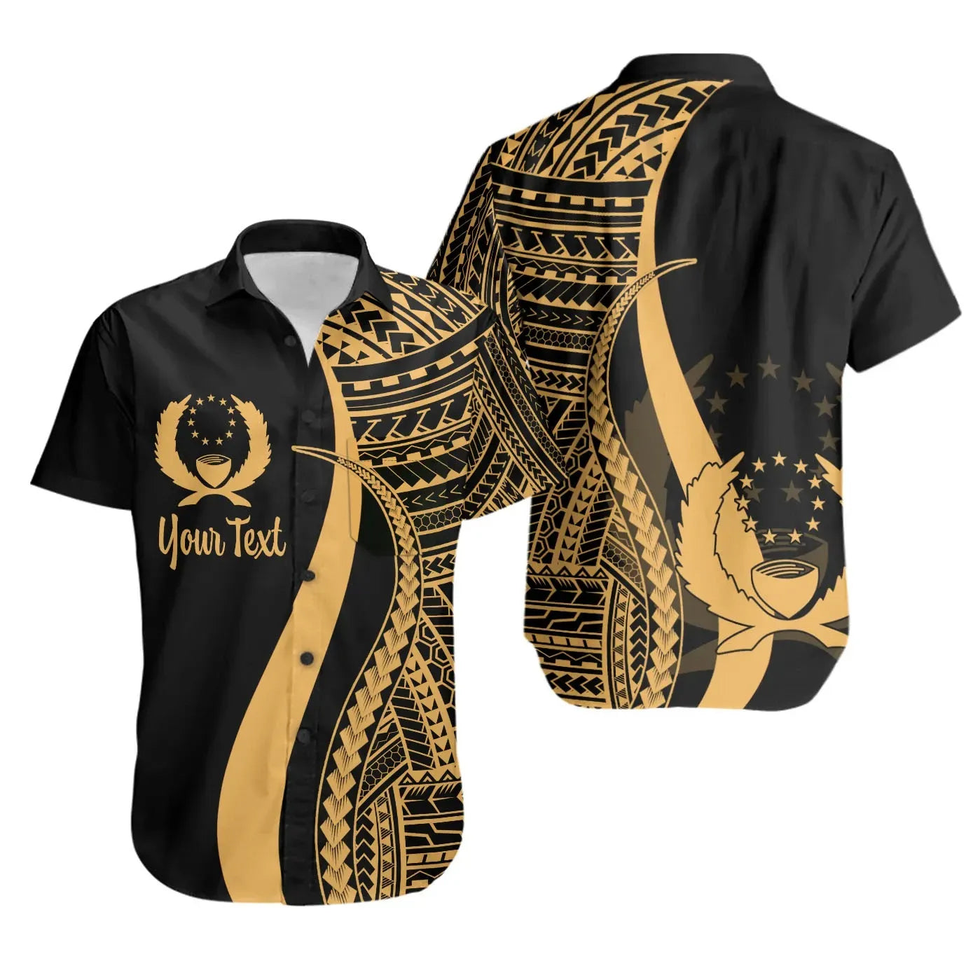 Pohnpei Custom Personalised Short Sleeve Shirt - Gold Polynesian Tentacle Tribal Pattern
