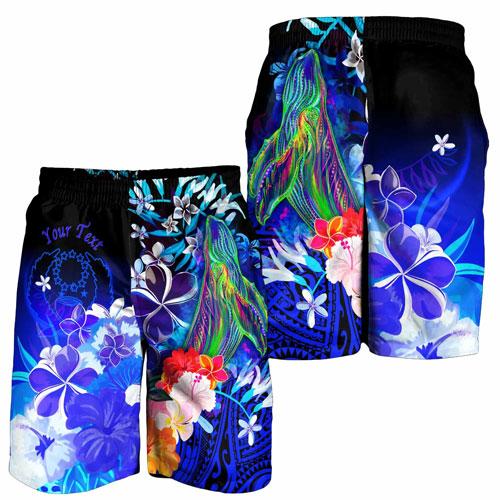 Pohnpei Custom Personalised Men Shorts - Humpback Whale with Tropical Flowers (Blue)