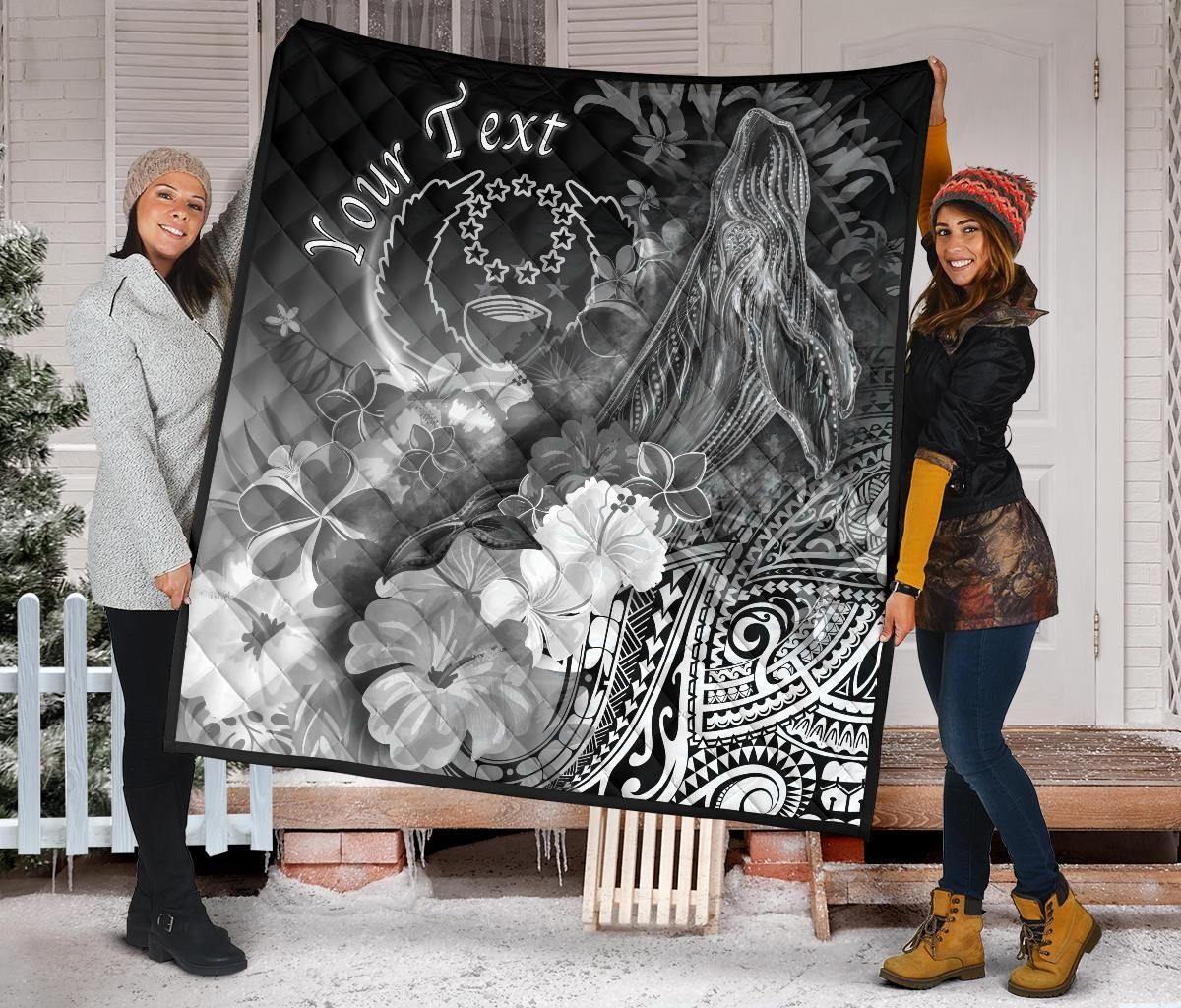 Pohnpei Custom Personalised Premium Quilt - Humpback Whale with Tropical Flowers (White)