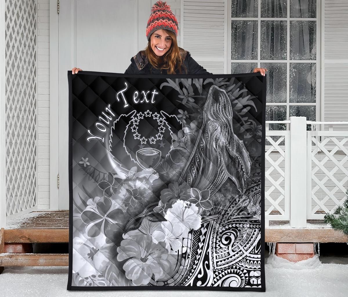 Pohnpei Custom Personalised Premium Quilt - Humpback Whale with Tropical Flowers (White)