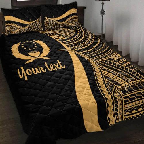 Pohnpei Custom Personalised Quilt Bed Set - Gold Polynesian Tentacle Tribal Pattern