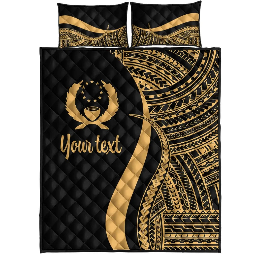 Pohnpei Custom Personalised Quilt Bed Set - Gold Polynesian Tentacle Tribal Pattern