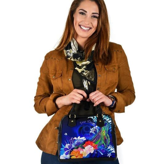 Pohnpei Custom Personalised Shoulder Handbag - Humpback Whale With Tropical Flowers (Blue)