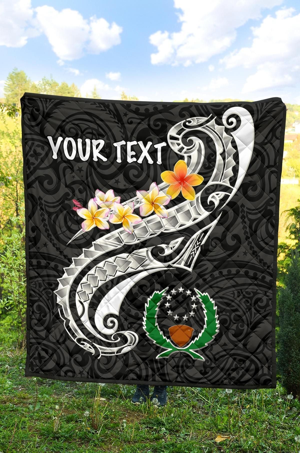 Pohnpei Custom Personalised Premium Quilt - Pohnpei Seal Polynesian Patterns Plumeria (Black)
