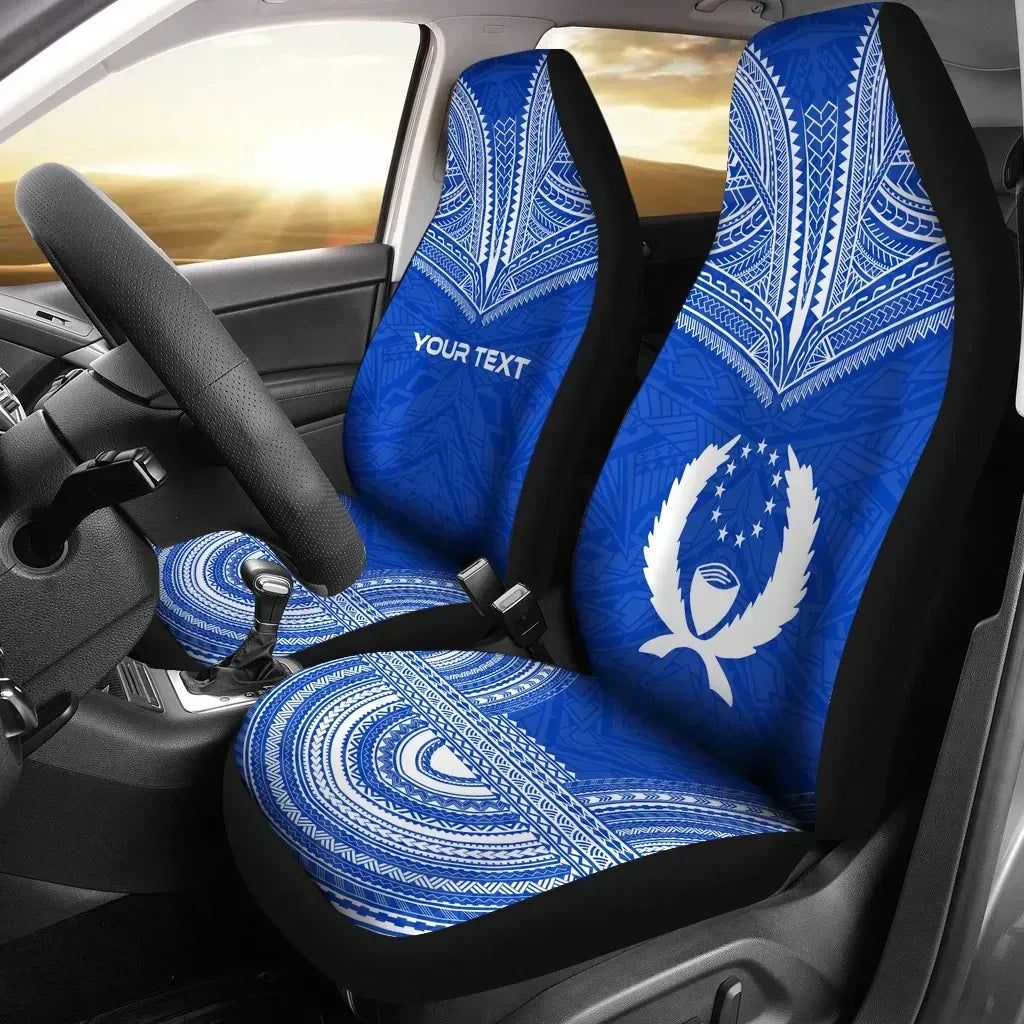 Pohnpei Custom Personalised Car Seat Cover - Pohnpei Flag Polynesian Chief Tattoo Blue Version
