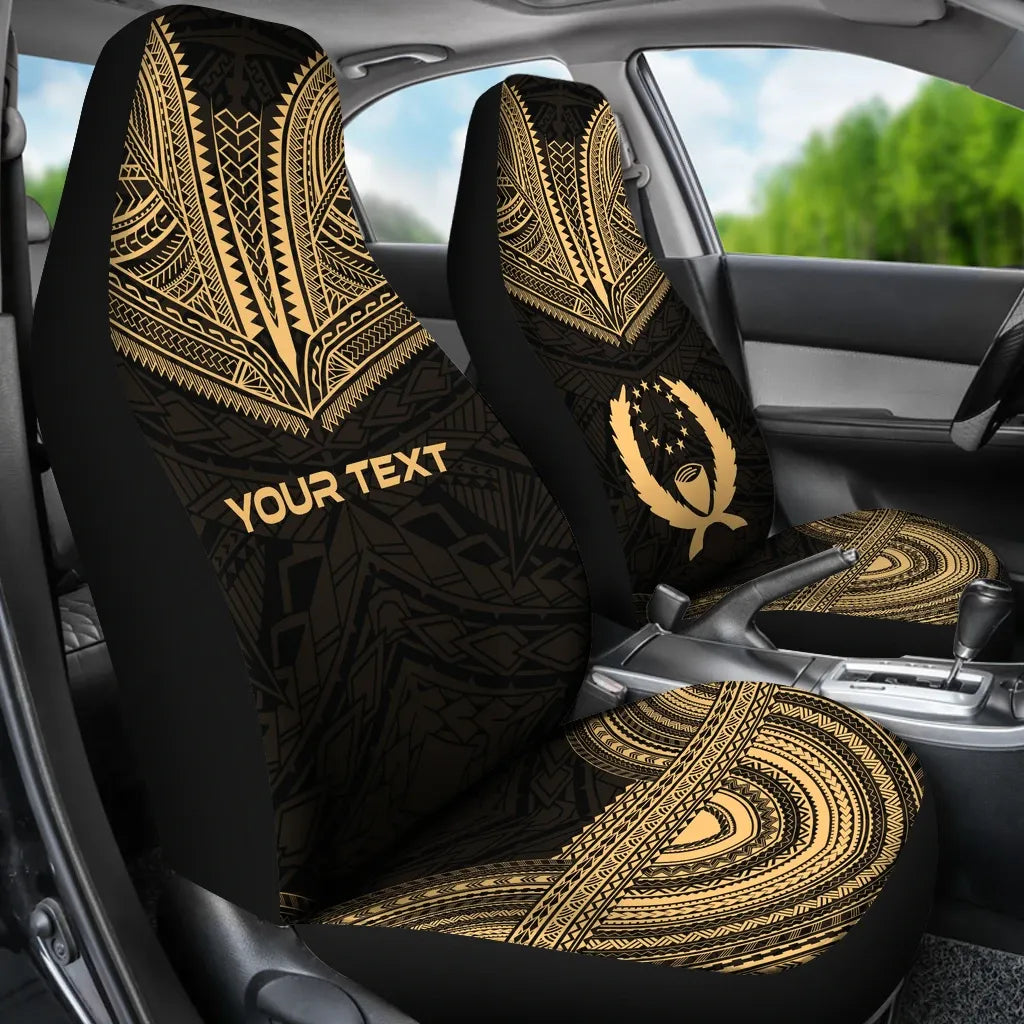 Pohnpei Custom Personalised Car Seat Cover - Pohnpei Flag Polynesian Chief Tattoo Gold Version