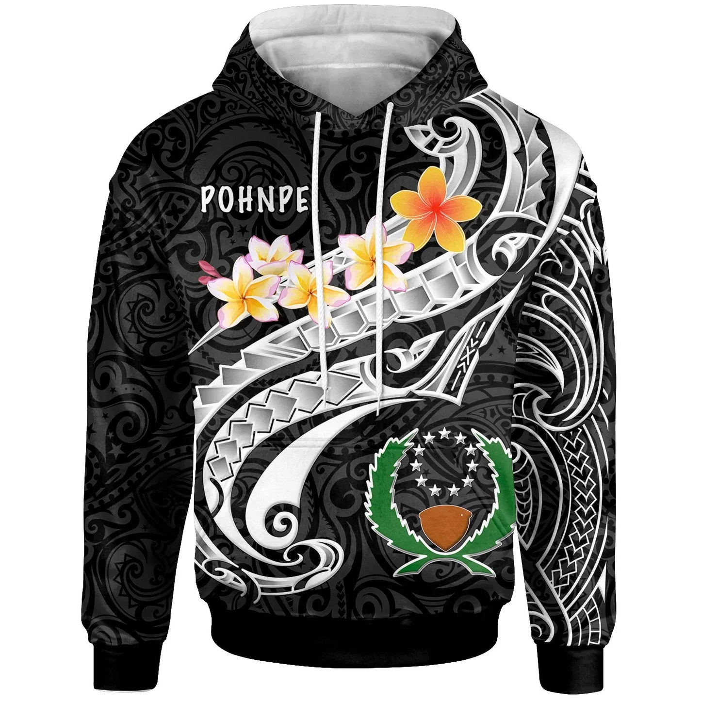 Pohnpei Hoodie - Pohnpei Seal Polynesian Patterns Plumeria (Black)