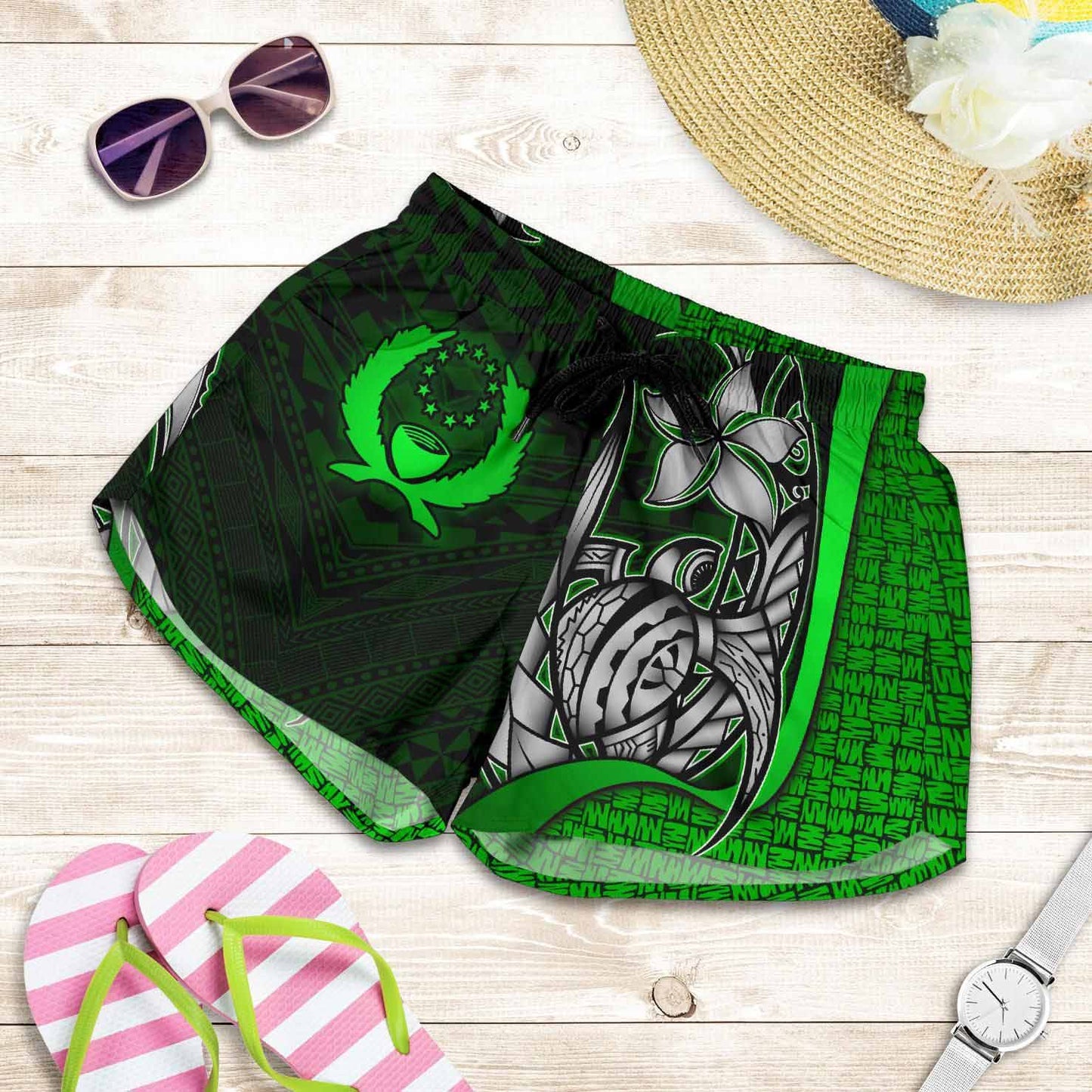 Pohnpei Micronesia Women Shorts Green - Turtle With Hook