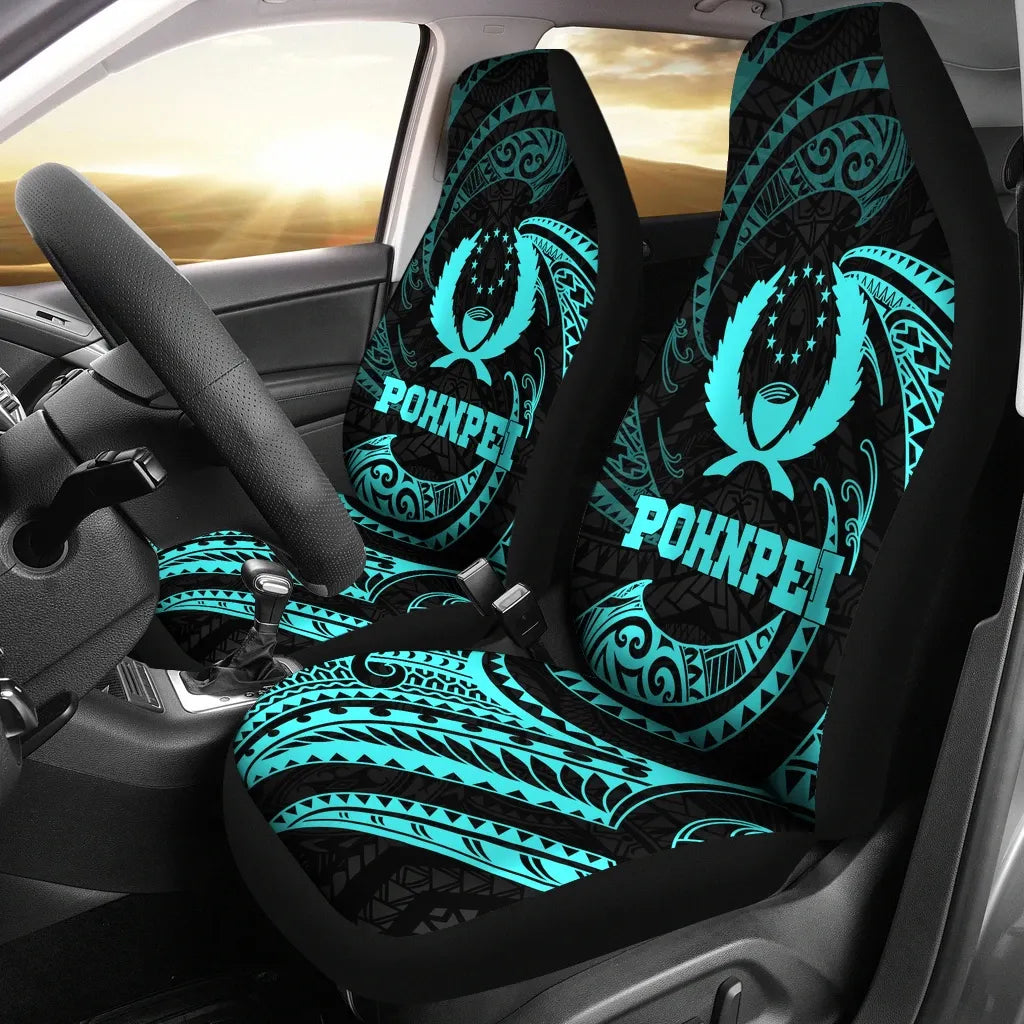 Pohnpei Micronesian Car Seat Covers - Neon Blue Tribal Wave